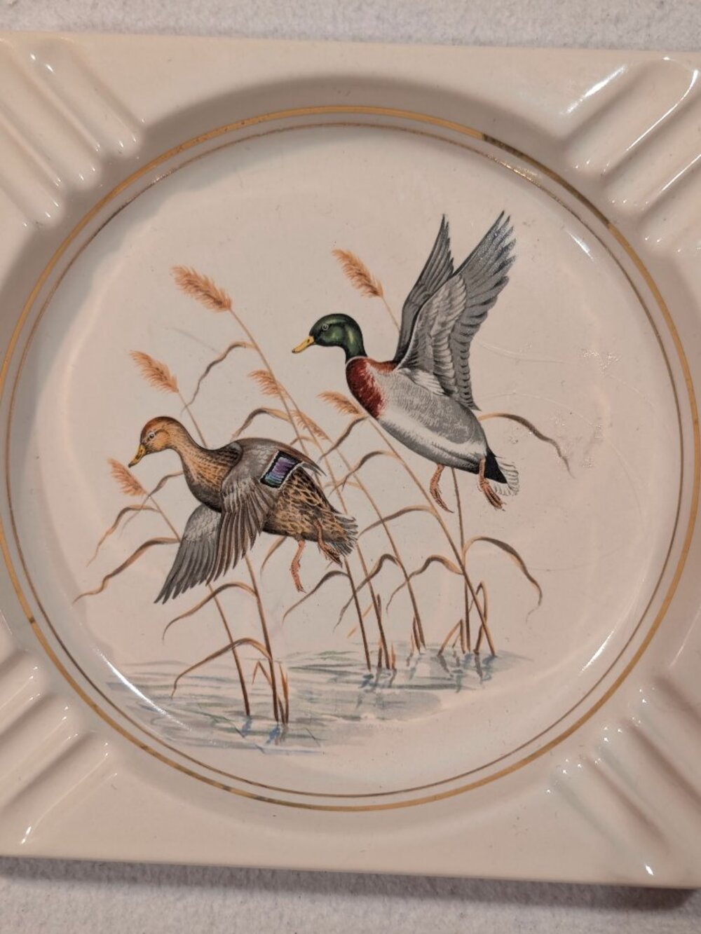 Vintage Mallard Duck Pottery Ashtray 7.5" Hunting Lodge Decor - 1369